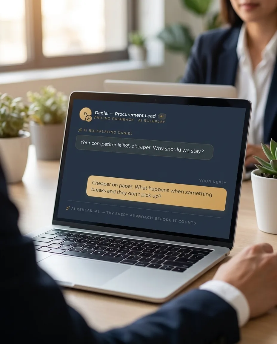 A professional rehearsing a conversation with AI on a laptop